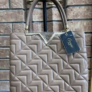 Elegant Beige Quilted Satchel Handbag Top Handle Shoulder Crossbody Bag